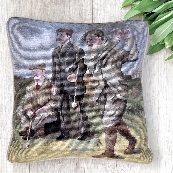 Accents Vintage Needlepoint Pillow Golfers Wool 12 Inches Velvet Back